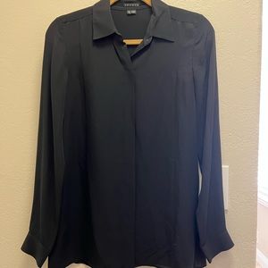 Theory black, silk, hidden placket button front blouse, petite